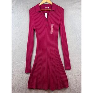 New GAP Women Ribbed Collared Button Neck Knit Dress Magenta Size Small